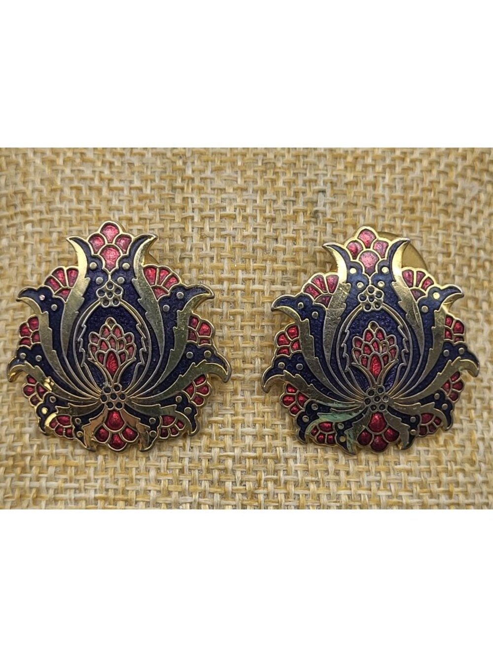 Vintage cloissione Enamel earrings Bold pierced Fierce abstract Warrior